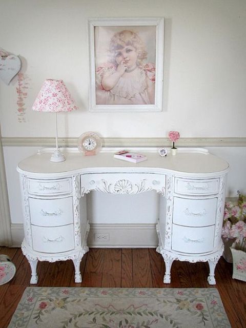 a white vintage desk to use as a vanity in a girl's bedroom