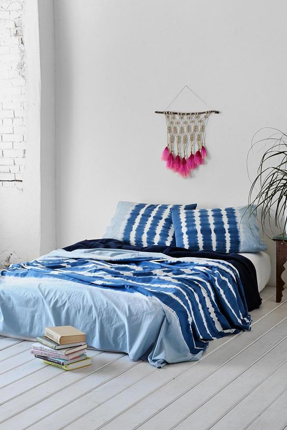 indigo noodle stripe bedding for a boho space