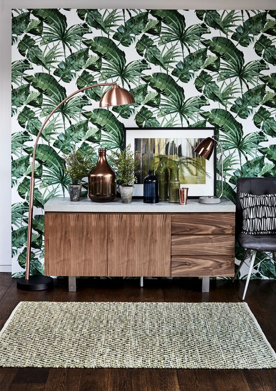 tropical leaf print wallpaper will spruce up your living room and make it chic