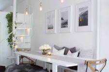 17 all-white everything with very dark stained wooden floors and a white rug to soften it