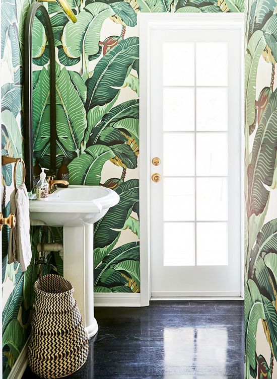 stylized banana leaf print wallpaper to make your bathroom feel like somewhere in tropics