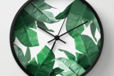 21 palm leaf print wall clock can be made on your own, you just need some self-adhesive wallpaper