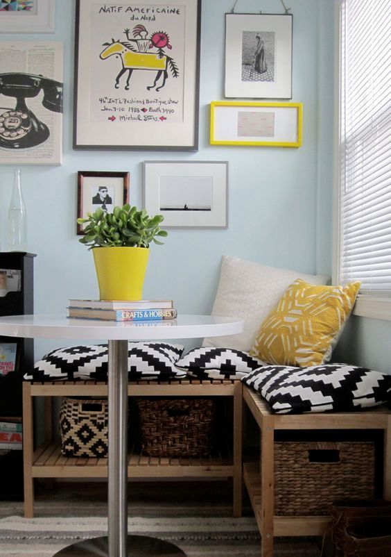 a bench with a storage space is a cool idea for small kitchens or breaakfast nooks