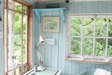 25 aqua and turquoise colored home office in a she shed looks cozy and cute