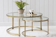 26 brass round coffee table duo with glass tabletops