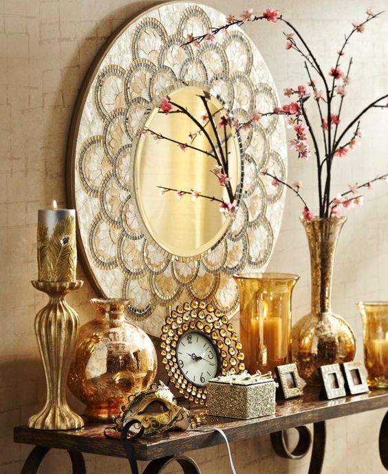 a round mirror inlaid with mother of pearl for a refined home display