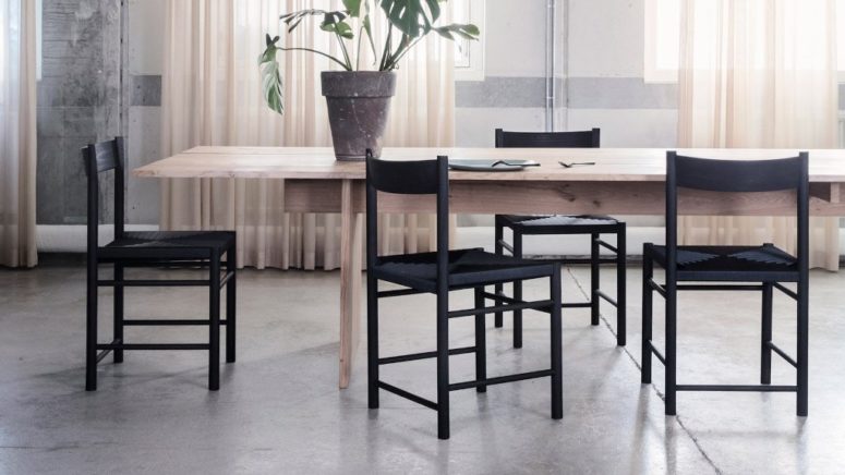 The design is minimalist and eye-catchiness is achieved with a woven seat and multiple crossbars