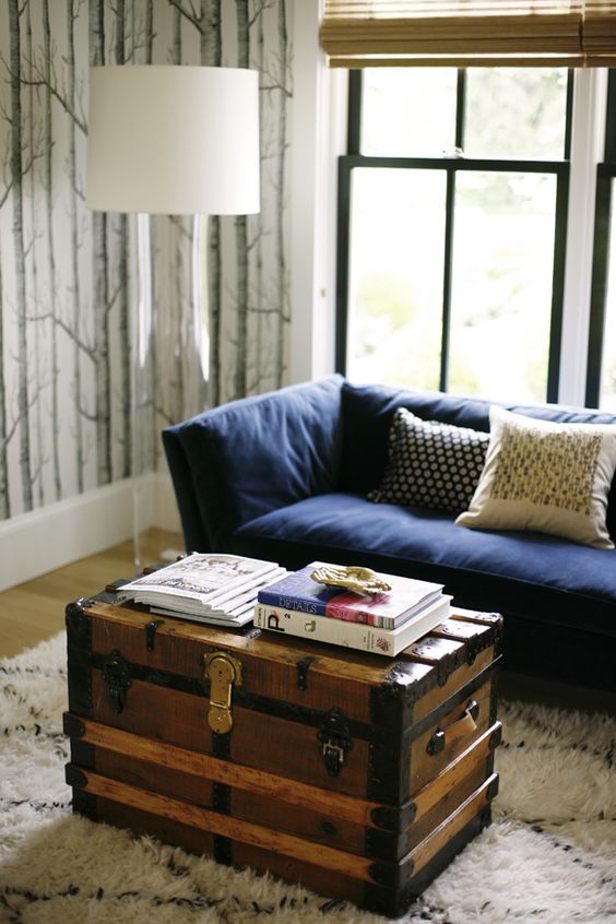 a vintage chest as a small coffee table for a modern farmhouse living room