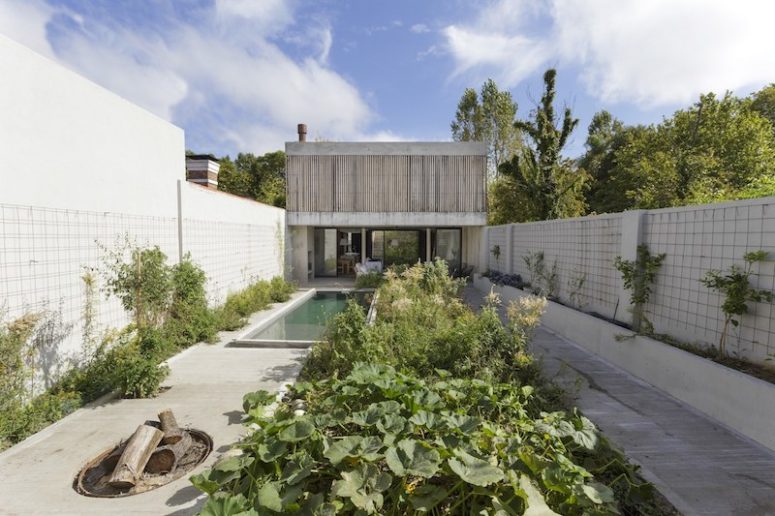 The house sits on a narrow and long plot, and the architects had to handle it, so there's a long courtyard at the back