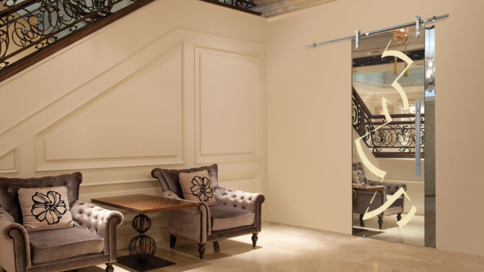 This is a mirrored door that will visually enlarge the space and can be used as a mirror, too