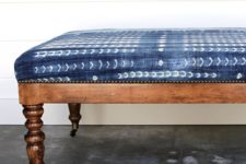 04 renovate an old bench adding casters and reupholstering it with shibori fabric to give it a cool look