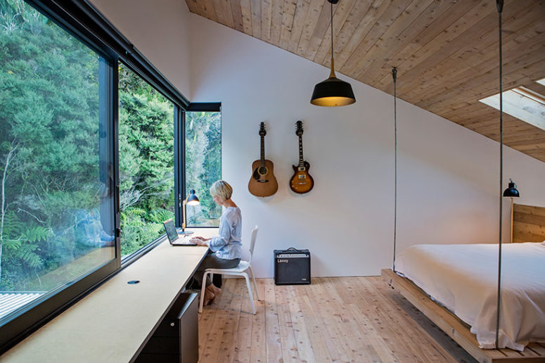 There's a long desk that doubles as a window sill, and the simplicity of decor doesn't distract attention from the views