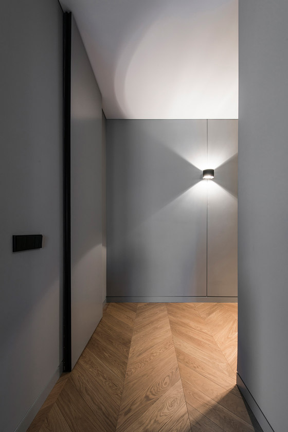 The apartment features sliding doors, grey walls and wood chevron clad floors