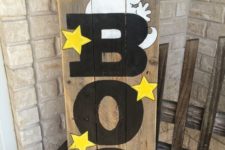 07 colorful BOO sign with yellow stars, a funky ghost, an orange pumpkin and some ribbon decor