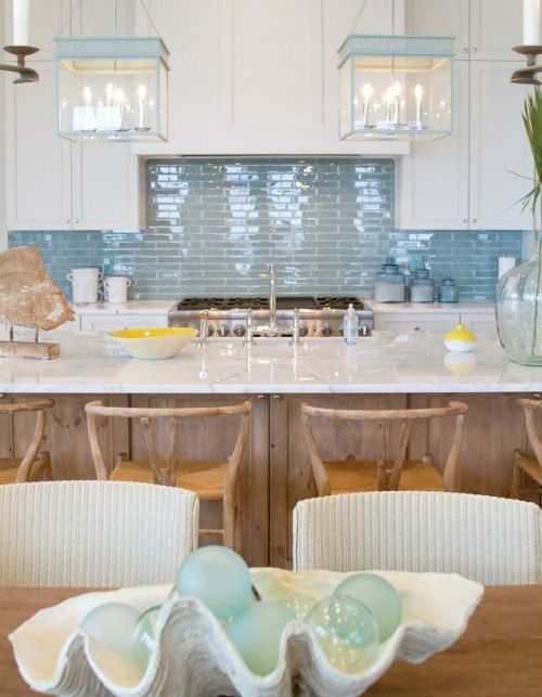30 Timeless And Chic Glossy Tile Decor Ideas Digsdigs A Seaside Kitchen Is Made Up Using Matte White Cabinets And Glossy Blue Tile Backsplash