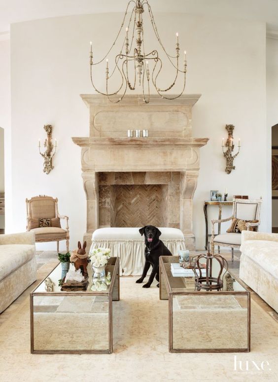 a vintage stone fireplace is non-working but it gives a refined feel to the space
