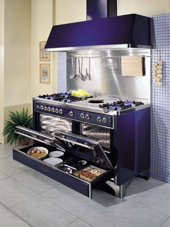 a deep purple double cooker with an additional drawer and a hood