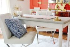 14 a girlish home office with a fiery red statement wall with molding