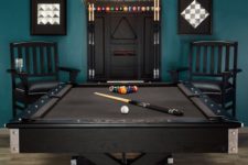 16 a stylish teal and black game room with a trestle pool table looks wow