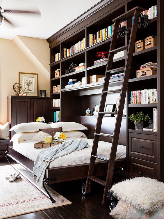 bookshelves with a ladder to access books and a bed that can be hidden in the shelf