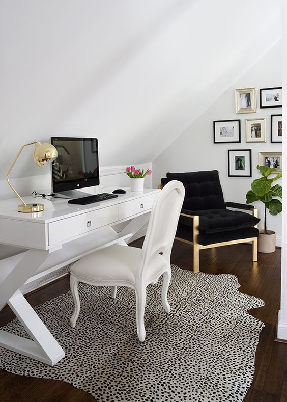 dalmatian print rug for highlighting a neutral girlish home office