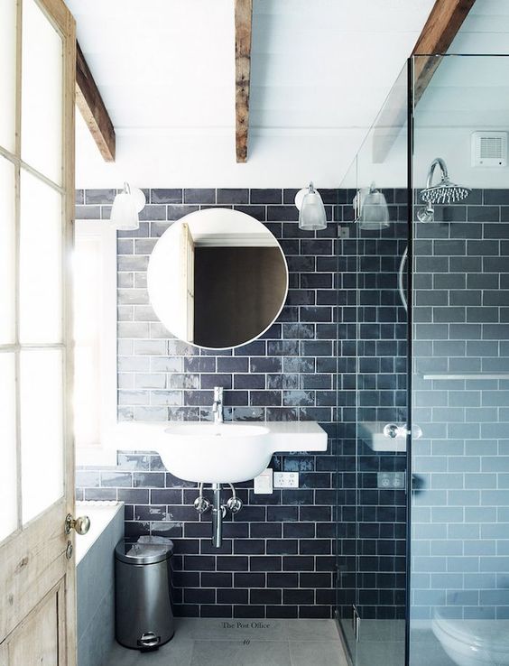 bathroom navy tiles tile grout glossy bathrooms subway round dark decor kitchen mirrors shower metro stand backsplash mirror floor sinclair