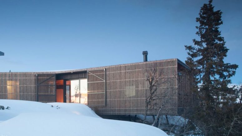 This chic summer cabin is located in a Norwegian ski resort, and it's fully covered with pine louvres
