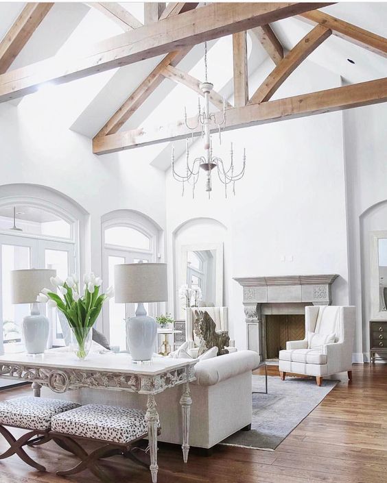 a vaulted ceiling with skylights floods the room with natural light