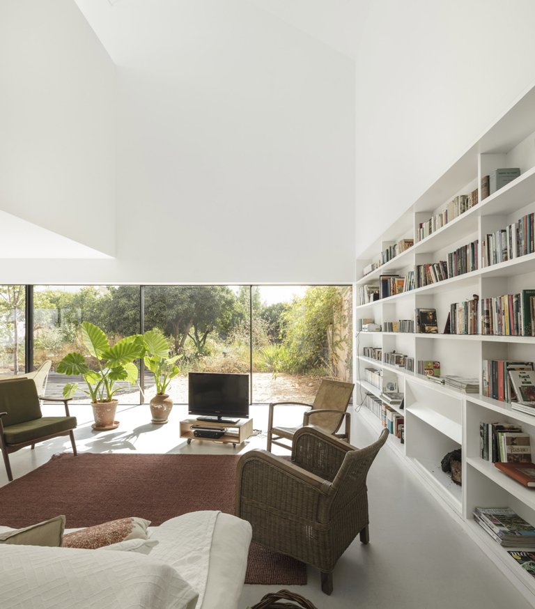 spacious book storage solution in a living room The living room features a large bookshelf unit that takes a whole wall, rustic and mid-century modenr furniture and potted greenery