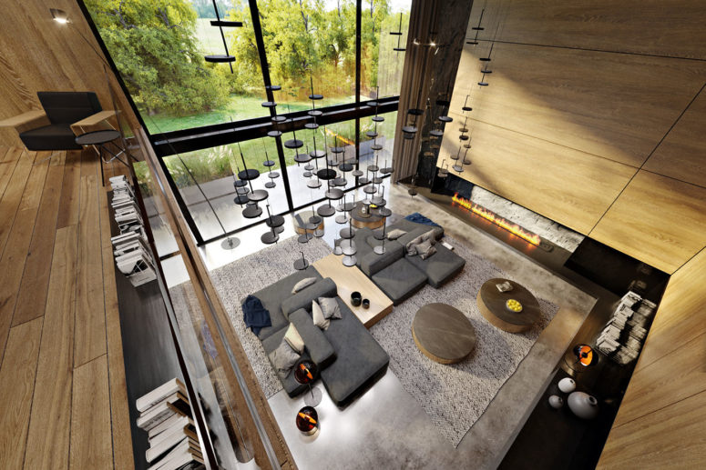 The gorgeous views and a double height ceiling create an impression of a vast space and connection to outdoors
