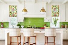 06 a neutral kitchen is spurced up with colorful roman shades and a bold green tile backsplash