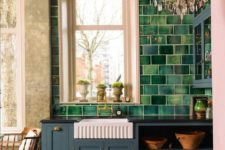 08 a grey kitchen with a large scale green tile backsplash extended on the whole wall