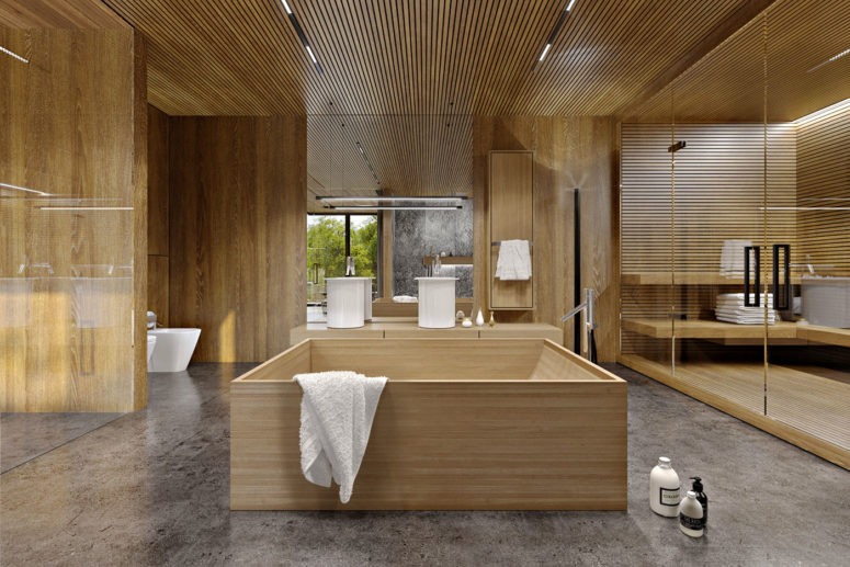 The designers also added a steam room fully clad with oak, too