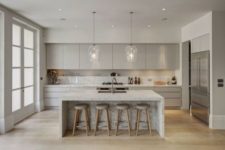 10 modern dove grey kitchen with white parts, a white kitchen island and a marble backsplash looks luxurious