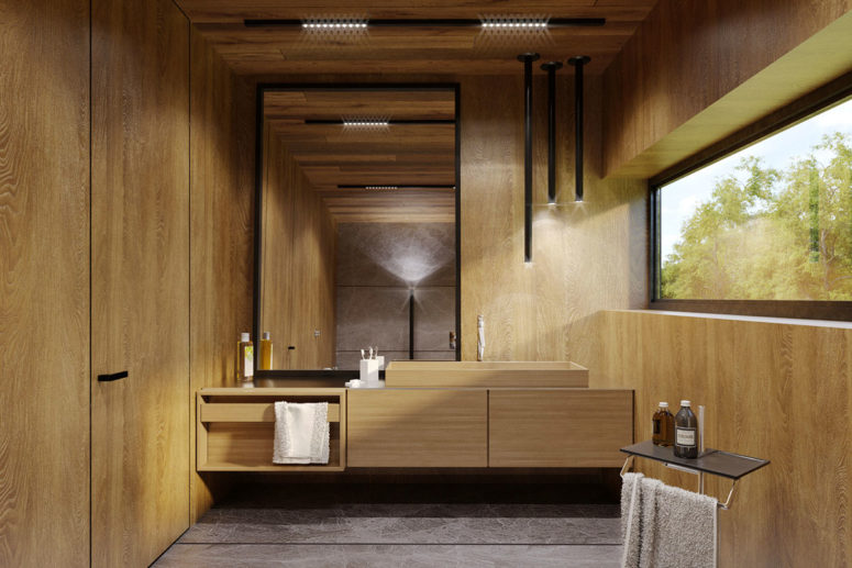The lights are unconventional everywhere including the bathroom