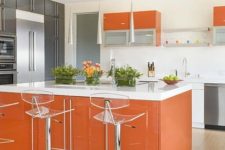 13 a burnt orange kitchen island and some cabinets spruce up a neutral grey and white space