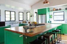 green kitchen with metal touches