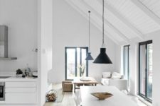 15 a Scandinavian space with a white vaulted ceiling covered with wood and lamps that highlight it