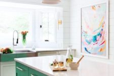 15 a bold green kitchen island stands out in a neutral space and makes it more cheerful