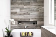 accent wood wall in a bathroom