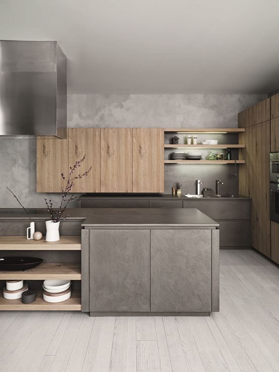 matte grey kitchen with metal countertops and some wooden cabinets added