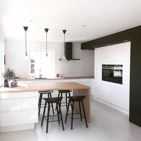 a black and white kitchen with wooden counters looks bold and modern
