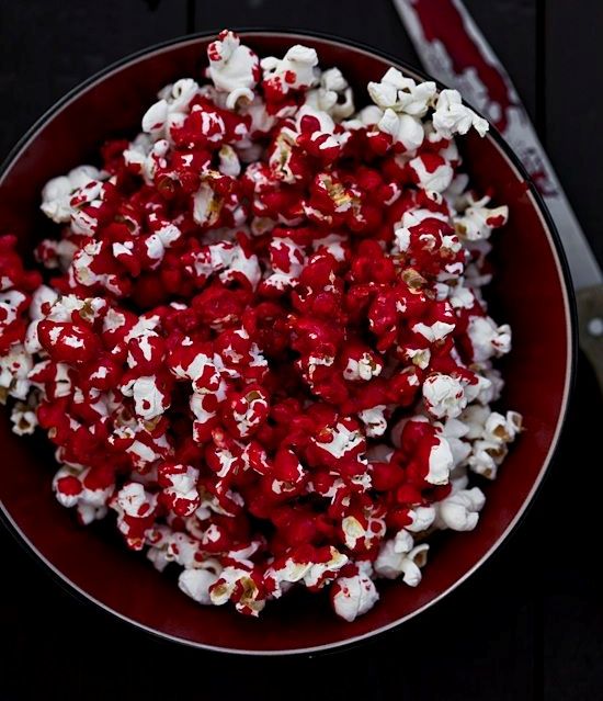 bloody popcorn is an easy and delicious treat for your Halloween party