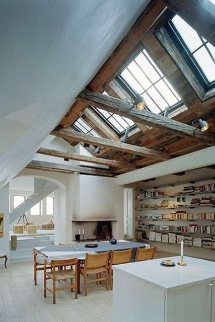 place lamps on the wooden beams to make changing bulbs easier