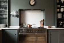 26 graphite grey kitchen with white countertops, metallic touches is a nice idea for a concept of a moody space