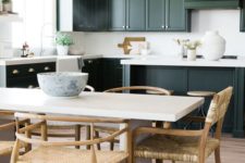 30 very dark green cabinets are refreshed with a white backsplash and countertops