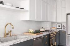 31 white suspended cabinets and grey ones create a chic conctrast and the kitchen looks bigger and more ethereal