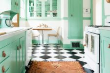 bright green is the main color here, white is used to calm the space and brown and tan add a soft feel