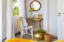 dove grey as the main color, white as additional and sunny yellow accents create a sunny and bold interior