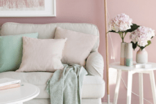 dusty pink is the main color in this space, and soft neutral shades take 30%, while mint is an accent color